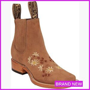 Genuine Leather Ankle Booties Low Heel Square Toe Floral Embroidery Slip On